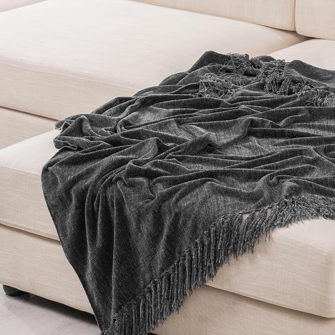 EVERGRACE Soft Chenille Throw Blanket for Couch, Cozy Plush Fuzzy Decorative Chenille Knit Throw Blanket with Tassels, Lightweight Blanket and Throws for Bed Sofa Gift Home Decor, Iron Black 50"x60"