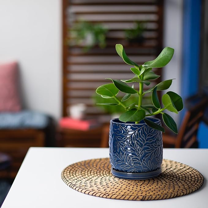 D'vine Dev 4 Inch Embossed Leaves Stoneware Planter Pot with Drainage Hole and Saucer, Midnight Blue, 27-A-Z-3