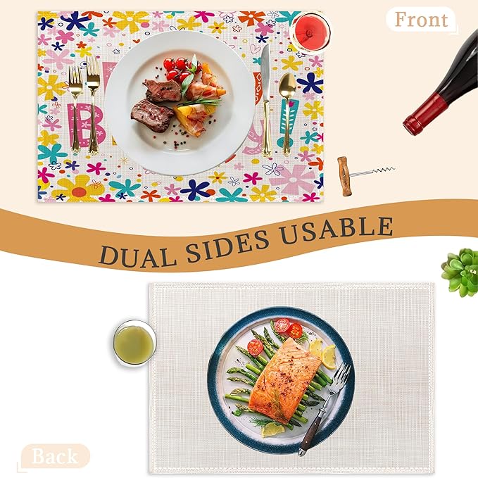 Happy Birthday Placemats Set of 6,Washable Heat Resistant 12×18 Inch Linen Table Mats Birthday Party Place Mats for Party Outdoor Dining Décor