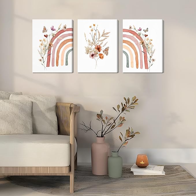 AKWISH Boho Wall Decor Set of 3, Rainbow Canvas Wall Art Paintings Prints, Cute Boho Wildflowers Posters Nursery Wall Decor for Kids Room Baby Room Classroom Bedroom Decor 12x16 inch Framed