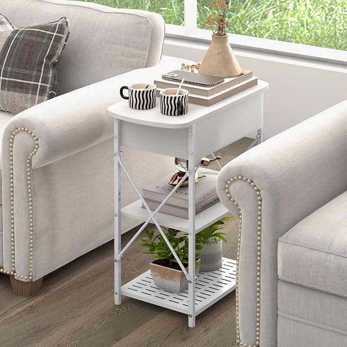 Narrow Side Table with Charging Station, End Table with 3 USB Ports and 2 AC Outlets, Flip Top End Table with Storage, White Side Tables Living Room, Nightstand with Drawer for Bedroom