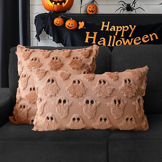 4TH Emotion Halloween Ghost Decorative Pillow Covers 20x20 Set of 2, Light Brown Soft Plush Faux Fur Farmhouse Throw Cushion Cases for Fall Autumn Holiday Home Decorations
