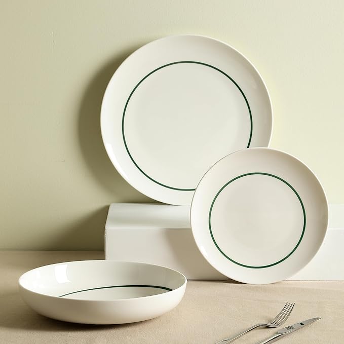 Stone Lain Luna 24-Piece Porcelain Dinnerware Set, Plates and Bowls Set, Dish Set for 8, Green