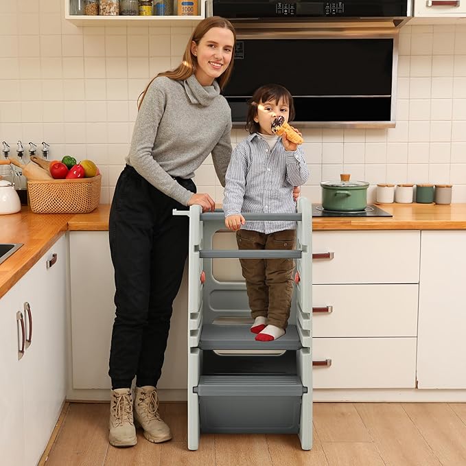 SDADI Multifunctional Toddler Tower with Double Safety Rails - Adjustable & Non-Slip for Kitchen and Bathroom Use - Montessori Step Stool for Kids, Dark Gray and Light Gray