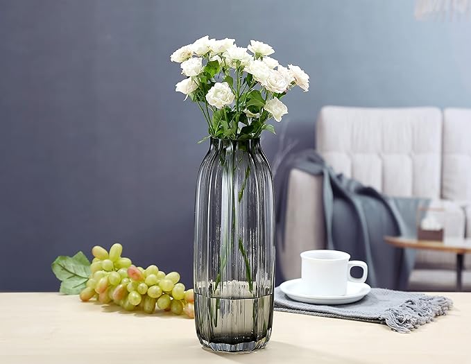 Black Grey Glass Vase for Flowers,Darl Grey Bud Tall Glass Vases,H-12.6" Simple Striped Design for Home Floor Decor,Farmhouse Decor, Centerpiece Coffee Table Decorations