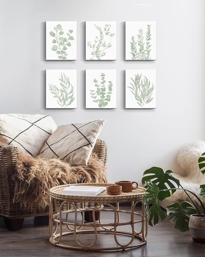 Botanical Eucalyptus Canvas FRAMED Wall Art,Boho Plant Wall Decor for Bedroom,Minimalist Prints for Living Room,Light Green Botanical Art Painting for Bathroom,Set of 6,8”x 10”