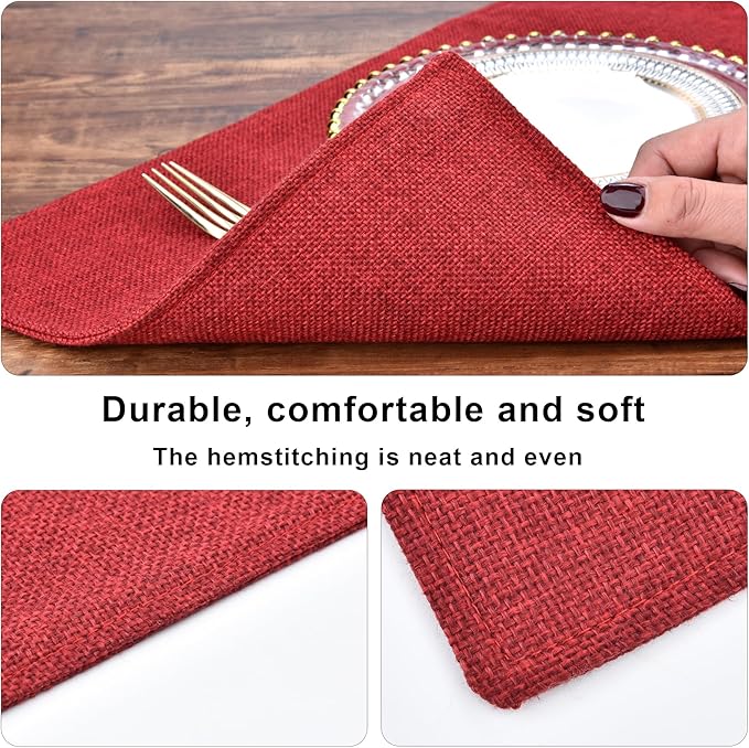 Red Christmas Placemats Set of 6 - Festive Easy to Clean Linen-Style Fabric Table Mats - Machine Washable & Heat Resistant Non-Slip Design for Thanksgiving and Holiday Dining (Red, 6)