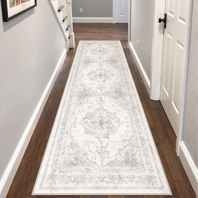 Runner Rug 2x7 Washable Light Gray Hallway Runner Vintage Boho Medallion Non Slip Grey Distressed Retro Carpet Indoor Low Pile Long Soft Rug for Kitchen Entryway Bedroom Bathroom Laundry