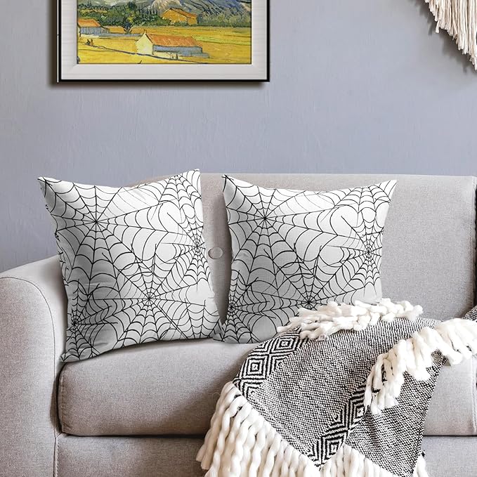 Halloween Spiderweb Pillow Covers 24x24 Set of 2 White Black Web Outdoor Decorative Throw Pillows Halloween Scary Themed Farmhouse Pillowcases Linen Cushion Case Decor for Home Sofa Couch Bed