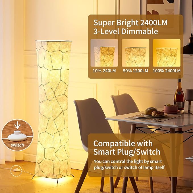 chiphy Floor Lamp, 52" (M) Tall Standing Lamp, 3 Levels Adjustable Brightness LED Bulbs, Column Floor Light, Marble Gradient Fabric Lampshade, Home Decor for Living Room, Bedroom, Kids Room