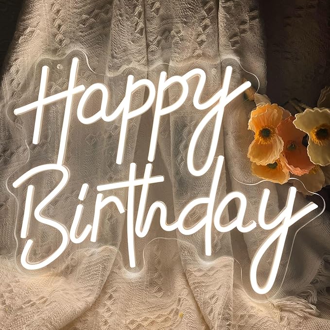Happy Birthday Neon Sign for Wall Decor, Warm White LED Neon Light Signs, Dimmable Art Decoration Happy Birthday Neon Light Sign for All Birthday Party Decoration 15.7×13 Inch