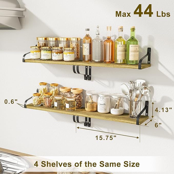 Love-KANKEI Floating Shelves for Wall Set of 4, 15.7 Inch Wood Wall Shelves with Bracket, Rustic Hanging Shelves for Bathroom, Bedroom, Kitchen, Living Room,Office Display Carbonized Black