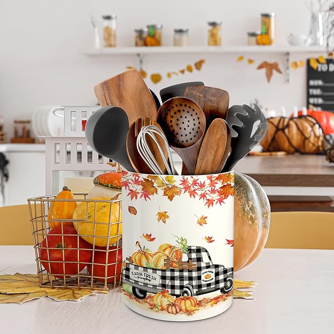 pinata Fall Kitchen Decor Ceramic Utensil Holder, Farmhouse Fall Truck Pumpkin Utensils Holder, Ceramic Utensils Crock for Rustic Indoor Kitchen Decorations(6.3 Inches)