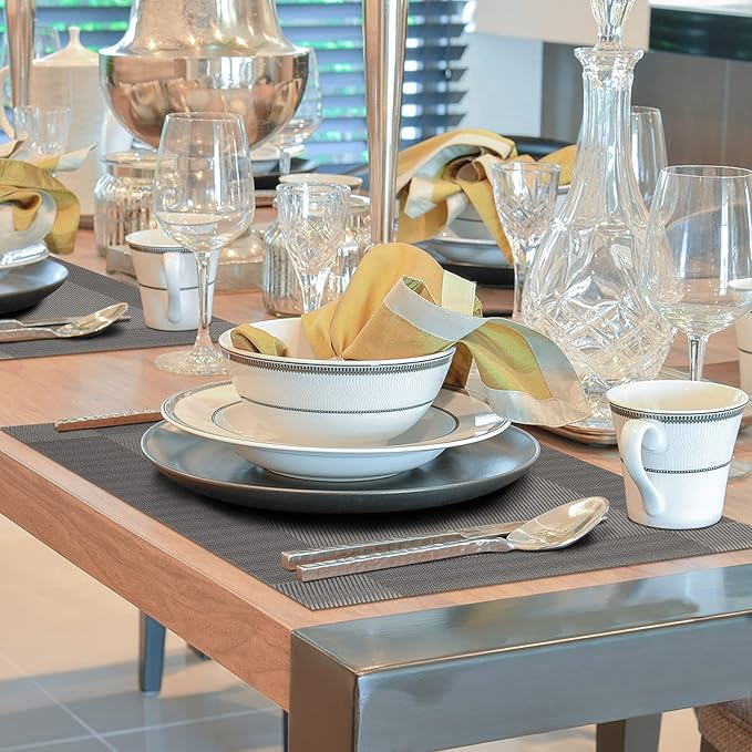 Winknowl Placemats for Dining Table Set of 6 Waterproof, Woven Place Mats for Kitchen Table Vinyl Heat Insulation Stain Resistant Placemats (Gray)