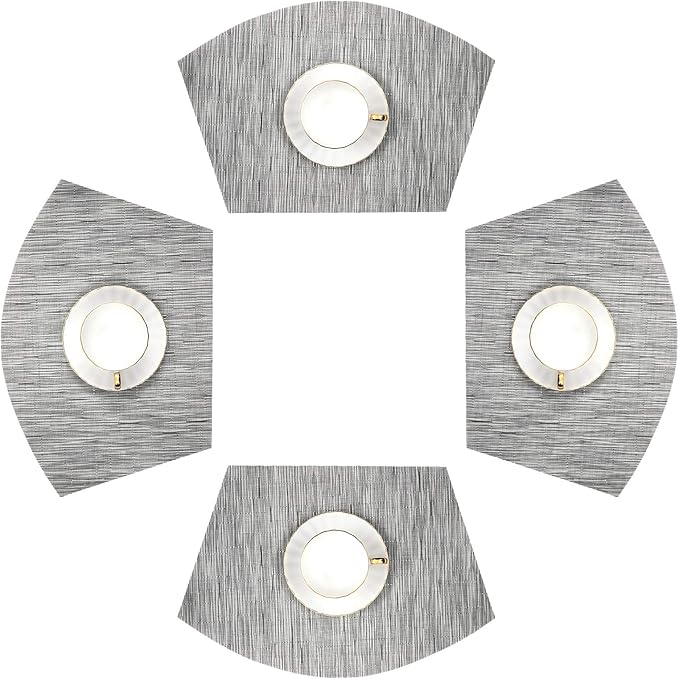 SHACOS Small Round Table Placemats Set of 4 Wedge Placemats Heat Resistant Woven Vinyl Table Mats Wipe Clean (4, Silver Gray)