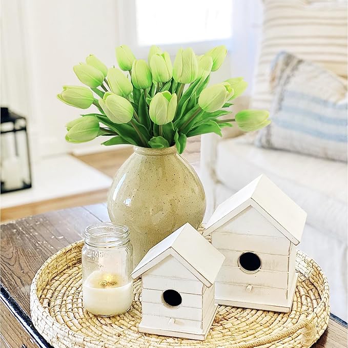 Beferr 18pcs Tulips Artificial Flowers Faux Tulip Real Touch Fake Flowers Bouquets Arrangements for Easter Spring Flowers Home Table Decor Green