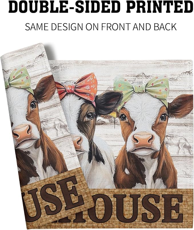 Cute Cow Farmhouse Placemats 4pcs, Farm Animal Tabletop Mat Rustic Style Non-Slip Washable Place Mats 12 x 18 Inch for Holiday Kitchen Dining Decor