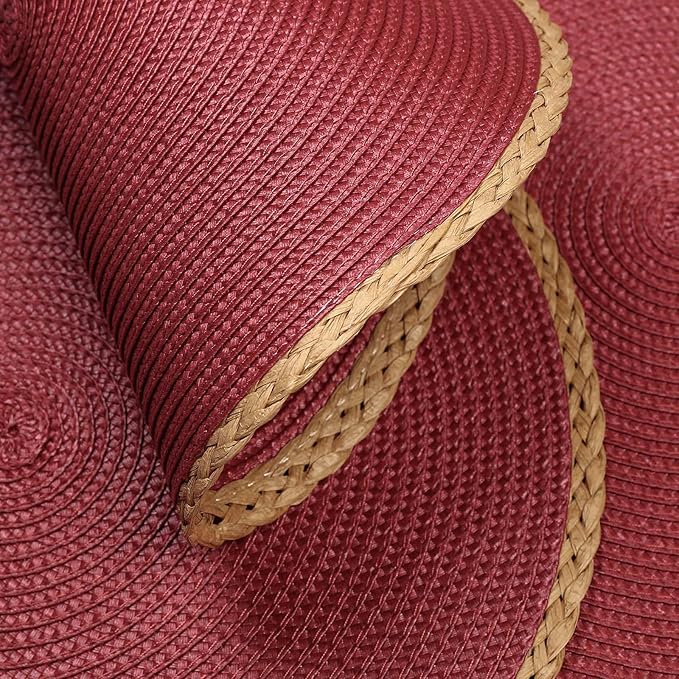 Noctiflorous Round Braided Placemats Set of 4 Table Mats 15 Inches Washable Heat Resistant for Dining Table Non-Slip Indoor Outdoor Place Mats for Thanksgiving Christmas Easter(Red Thin Edge 4)