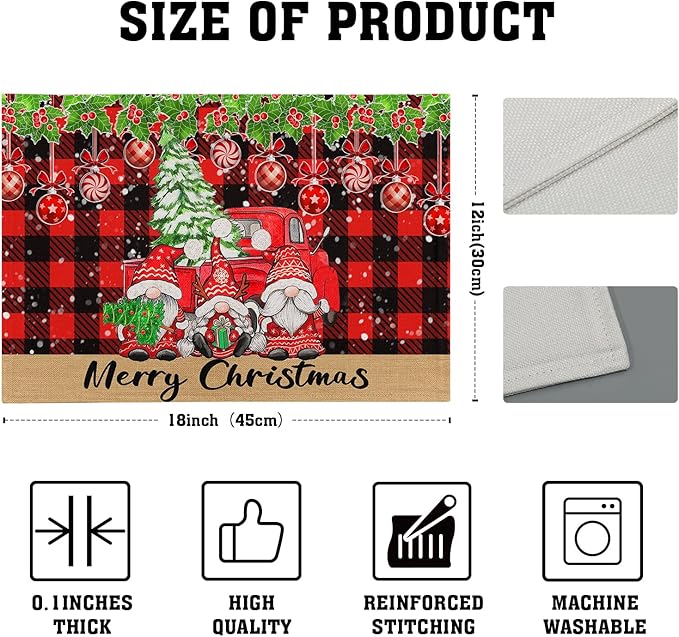 Winter Placemats Set of 4, 12 x 18 Inch Xmas Tree Gnome Truck Dining Table Mats Red Black Buffalo Plaid Rectangle Tabletop Decor for Holiday Seasonal Dining Party
