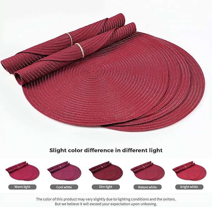FunWheat Round Braided Placemats Set of 6 Place mats for Dining Tables Woven Heat Resistant Table Mats 15 inch (Wine)