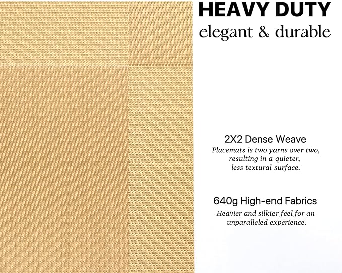 LEXMORE Placemats Set of 8 Vinyl/Plastic Woven Place Mats for Kitchen Table Indoor/Outdoor Washable Placemat Wipeable Dining Table Mats(Gold Cube)