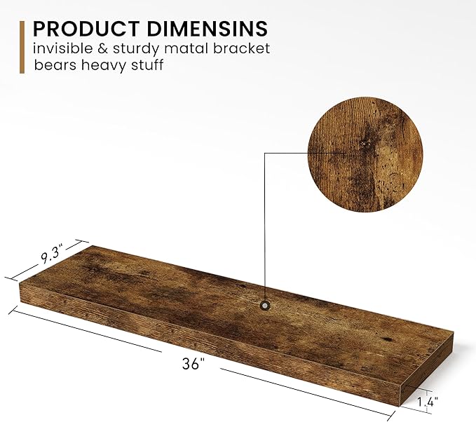 36Inch Floating Shelves, 9.3Inch Deep Rustic Wall Shelves - Extra Deeper & Thicker Wall Mounted Storage Shelf for Kitchen, Farmhouse - Set of 2 - Rustic Brown