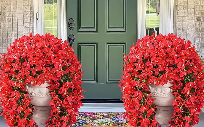 4 Pcs UV Resistant Artificial Flowers for Outdoors, Realistic Faux Silk Bougainvillea Flowers, Fake Hanging Plants for Porch Patio Balcony Decoration (Red)