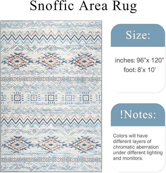 Area Rug Living Room Rugs Large Soft Boho Farmhouse Indoor Floor Rug (Blue, 8'x10')