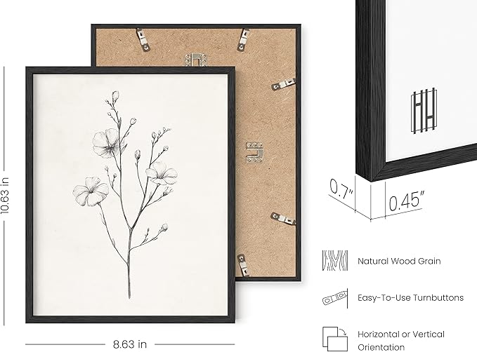 HAUS AND HUES Grey Floral Wall Art - Set of 4 Plant Posters for Wall Vintage, Botanical Prints, Black and White Flower Pictures for Room Aesthetic, Farmhouse Bathroom, Rustic Art (Black Frame, 8x10)