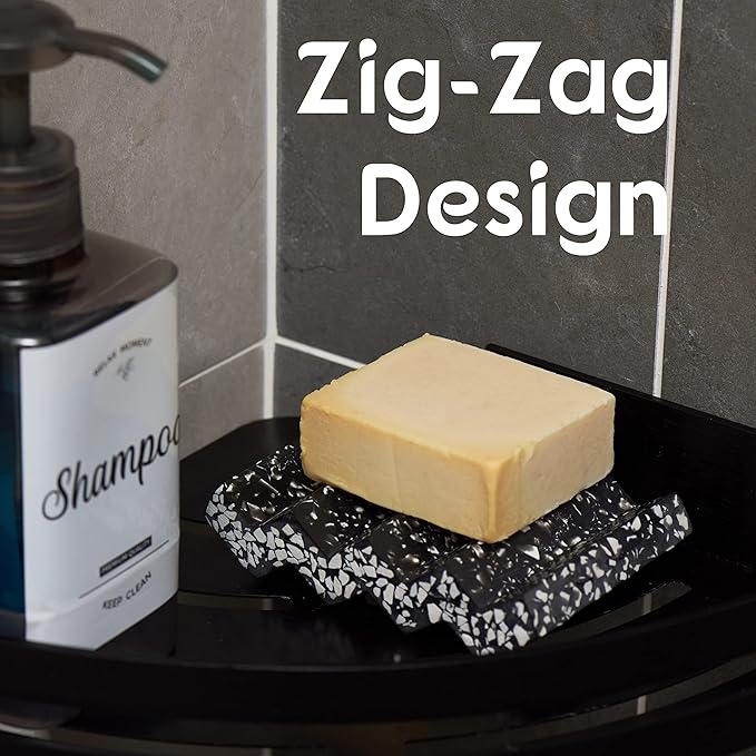 Zig Zag Jesmonite Terrazzo Stone Soap Dish for Bathroom Sink - Concrete Soap Saver for Bar Soap Holder for Shower - Sponge Holder - Self Draining Soap Dish Holder - Kitchen Soap Tray (Black)