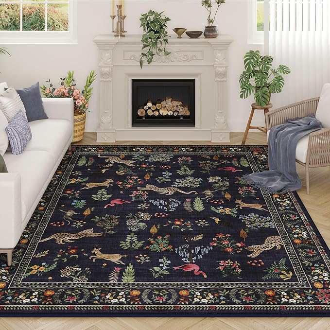 Living Room Rug 5x7 Rug Machine Washable Boho Area Rug Non Slip Floral Animal Vintage Low Pile Large Rugs for Living Room, Bedroom, Farmhouse, Dining Room, Kids Playroom (Blue)