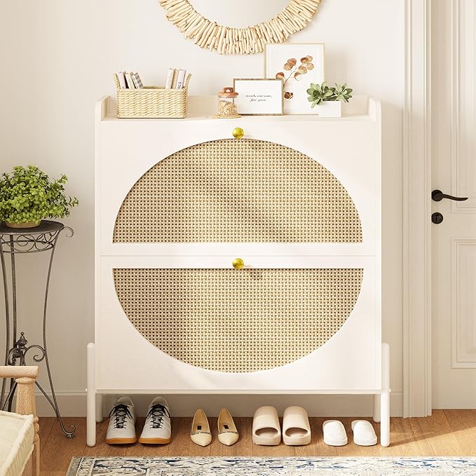 IRONCK Shoe Cabinet Storage with 2 Flip Drawers, Free Standing Wooden Shoe Storage Organizer Cabinet with Rattan Doors for Entryway, Narrow Shoe Rack Cabinet, White
