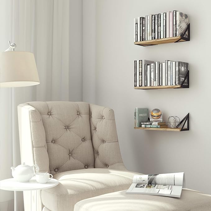 Wallniture Minori Floating Shelves Set of 3, Small Bookshelf Unit for Living Room, Office, and Bedroom, Natural Burned Rustic Wood Wall Decor with Metal Floating Shelf Bracket 6D x 17W x 5.5H in