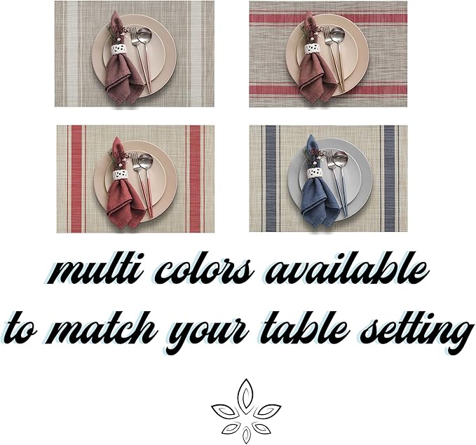 More Décor Dining Table Placemats, Washable Heat-Resistant PVC Vinyl Table Mats for Dining Room and Kitchen, Anti-Slip - Set of 6 - Vertical Striped Blue - Grey