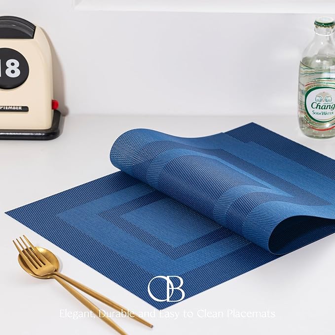 Placemats Set of 12 - Easy Clean Woven Vinyl Placemats for Dining Table, Indoor/Outdoor Place Mats, Washable PVC Table Mats(Navy Cube)