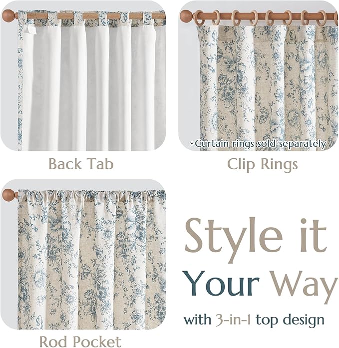 jinchan Lined Linen Blend Curtain Floral Curtains for Living Room 90 Inches Long Blue Peony Flower Printed Curtain Rod Pocket Back Tab Farmhouse Patterned Drapes Bedroom Window Curtains Set 2 Panels