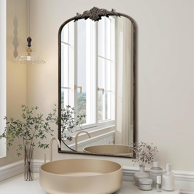Antique Baroque Arched Mirror: 24"x42" Black Vintage Wall Mounted Mirror - Traditional Ornate Metal Frame - Ideal for Entryway/Living Room/Hallway/Bathroom