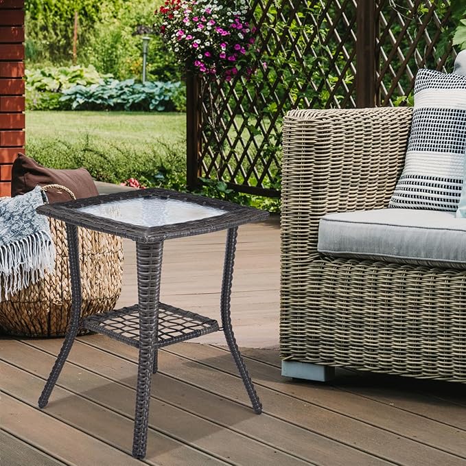 VINGLI Outdoor Side Table with Storage Wicker Patio Side Table, Tempered Glass Top End Table for Balcony Porch Deck (Grey)