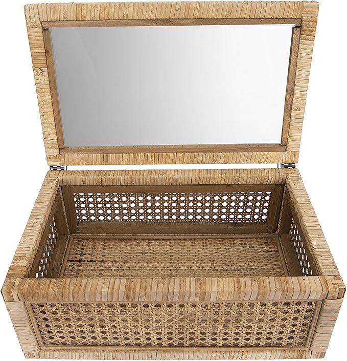 Creative Co-Op Modern Decorative Rectangle Woven Rattan and Wood Display Boxes with Glass Top, Set of 2 Sizes, Natural Finish