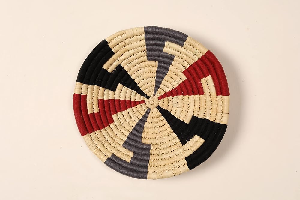Set of 3 Round Boho Hanging Wall Basket Home Christmas Decor for Bedroom, Kitchen, Farmhouse Handmade Decorative Unique Indian Wall Decor Woven Baskets Decorations (Red Black, Contemporary)