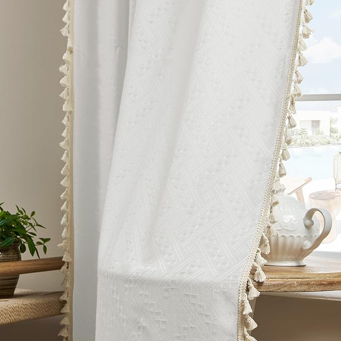 Joydeco White Boho Curtains 84 Inch Length 2 Panels, Super Soft Bohemian Farmhouse Curtains with Tassels, Semi Sheer Light Filtering Drapes for Bedroom Living Room (Rod Pocket, 52Wx84L)