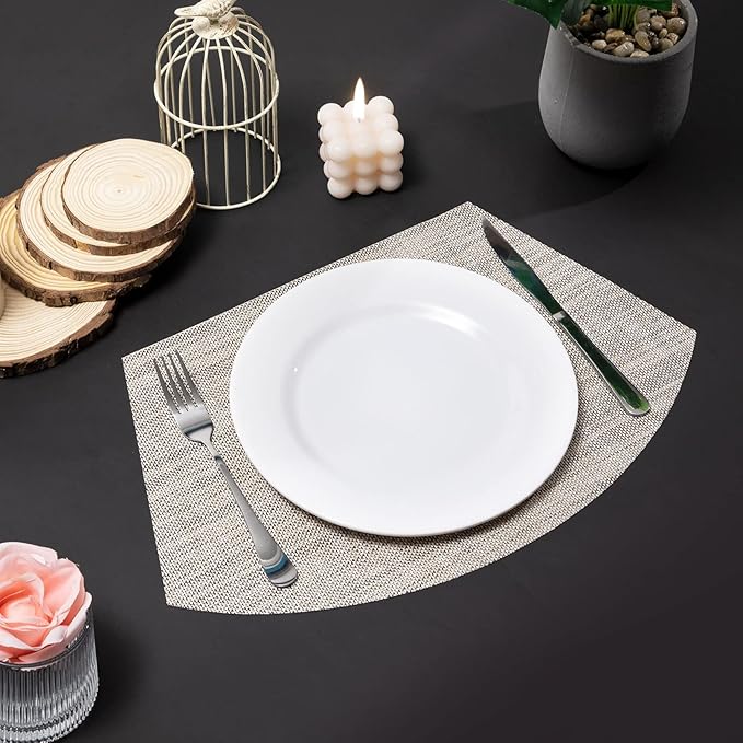 SHACOS Wedge Placemats Set of 8 Woven Vinyl Plastic Placemats for Small Round Table Place Mats Wipe Clean Non Slip Table Mats, Beige White Black