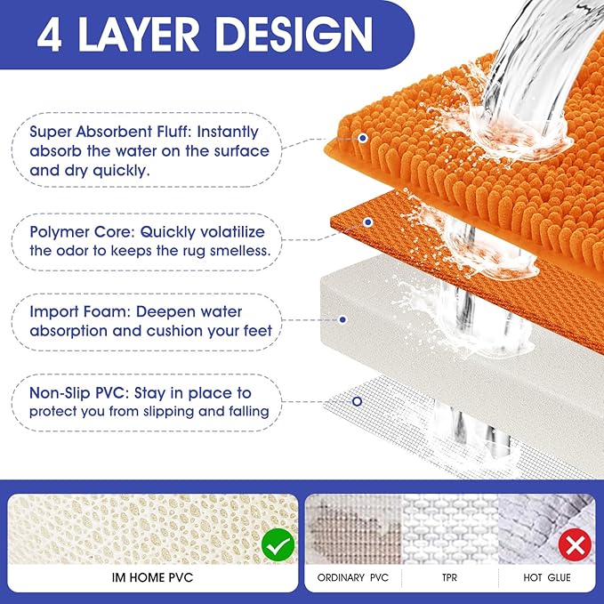 ACCUMTEK Striped Orange Bathroom Rug Set 3 Pieces Ultra Soft, Non Slip Chenille Toilet Mat, Absorbent Plush Shaggy Bath Mats for Bathroom, Bedroom, Kitchen