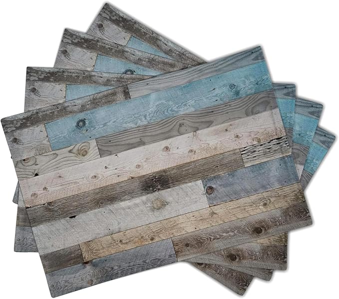 Giwawa Rustic Wood Grain Placemats Set of 4, Vintage Barn Wooden Linen Table Mat, Farmhouse Country Style Lodge Heat Resistant Washable Place Mats for Dining Kitchen Party Holiday Decor 12x18Inch