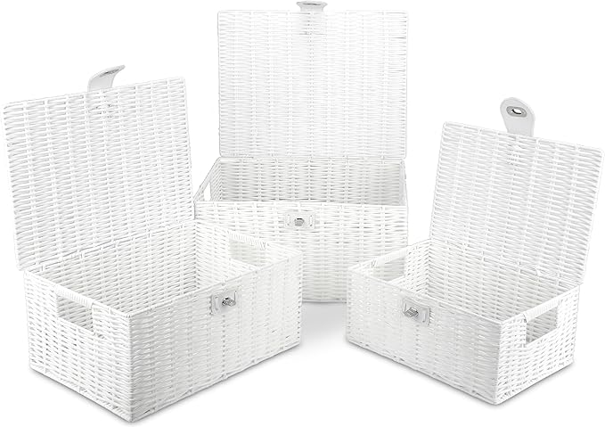 Honygebia White Wicker Storage Baskets - Set of 3 Decorative Nesting Boxes with Lids, Woven Basket with Lock & Handle, Organizer for Beauty Makeup Bathroom Decor