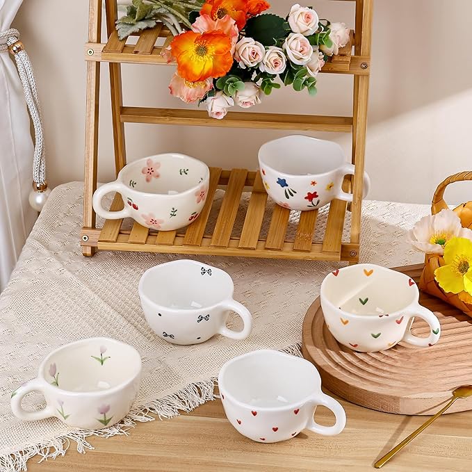 Koythin Ceramic Coffee Mug, Handmade Hot Chocolate Mugs, Cute Cup for Girl Women, Aesthetic Tea Milk Cup with Handle, 8.5 oz/250 ml for Latte, Cocoa, Office, Home (White Floral)