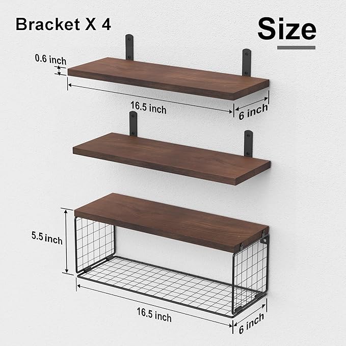 WOPITUES Bathroom Shelf Over Toilet, Floating Bathroom Shelf Wall Mounted with Wire Basket, Floating Shelf for Wall Décor-Rustic Brown