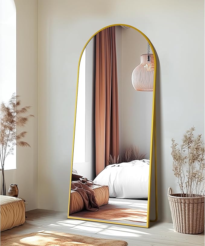 Delma Wall Mirror Full Length Mirror,Standing Mirror Full Body,Large Floor Mirror for Wall Door Bedroom Bathroom Living Room with Aluminium Frame(with Stand,Arch 69x24-Gold)