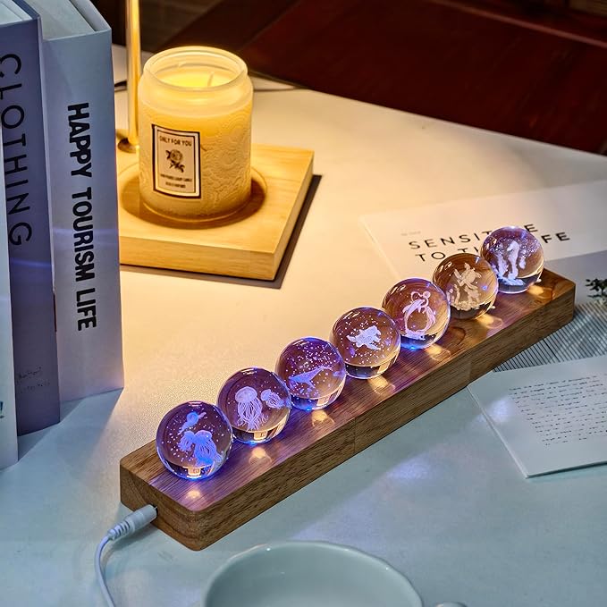 3D Crystal Laser Ocean Light Up Decorative Balls with LED Wooden Base - 7 Glass Laser Balls, Night Light Decoration for Home, Kids Room Gifts for Women