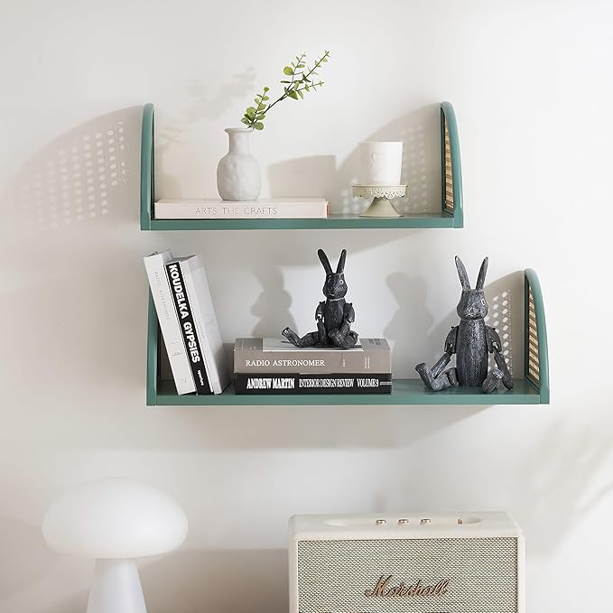 Rattan Wall Shelf 16 inch Floating Shelves Rustic Wood Wall Mounted Storage Shelves for Living Room Bathroom Kitchen Boho Wall Decor,Green